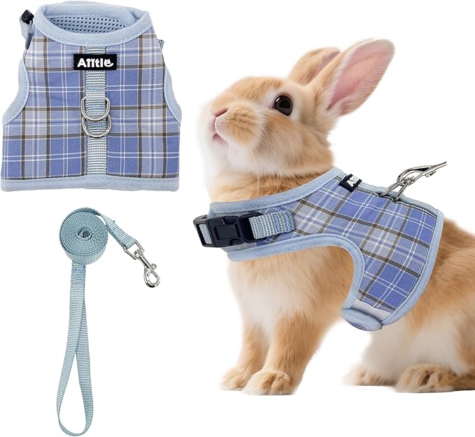 AIITLE Breathable Rabbit Harness and Leash Set - Plaid Pattern Padded Vest with Magic Tape Design, Dual D-Rings, Adjustable for Small Animal Pets, Indoor Outdoor Training Camping, Blue M