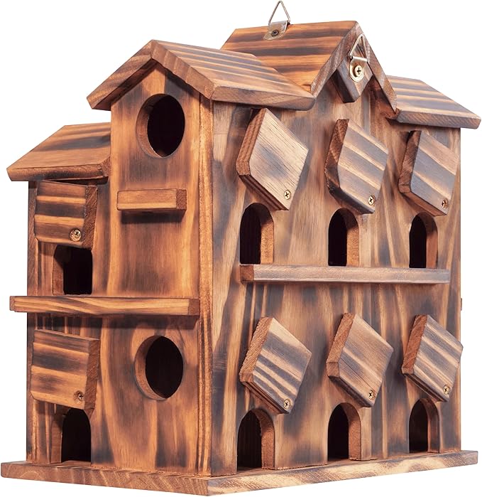 MIXUMON Wooden Bird Houses for Outside – 10 Rooms Multi-Chamber Bird House, Carbonized Pine Rustic Finish, 1.57" Entrance Holes, Individual Cleaning Doors, Decorative Outdoor Bird Nesting Box