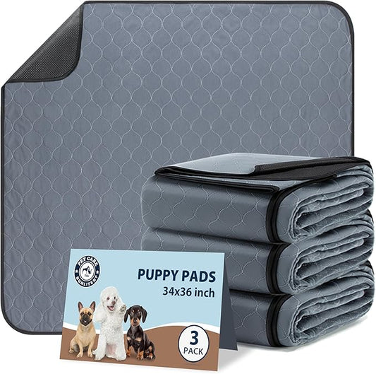 Washable Pee Pads for Dogs, 34x36 Reusable Puppy Pads with Fast Absorbent, Waterproof Reusable Pee Pads for Whelping, Traing, Incontinence and Potty, 3 Pack, Grey.