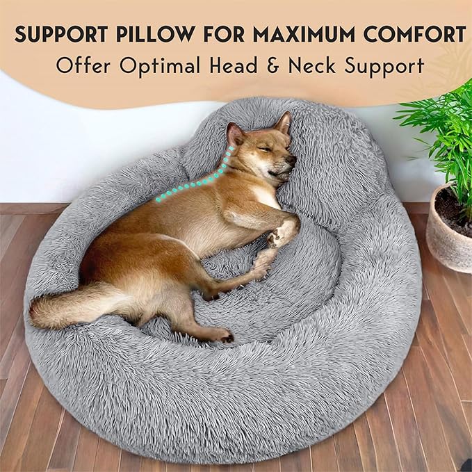 PetJett Calming Dog Bed Medium Size Dog - 30'' Donut Bed, Washable Dog Bed - Anti-Slip Super Soft Fluffy Plush Round Bed, Anti-Anxiety Premium Comfort Pet Bed, Fits Dogs up to 45 lbs - Bright Grey