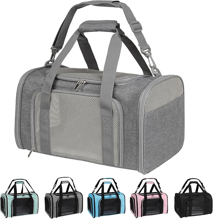 Cat Carrier, Soft-Sided Airline Approved Pet Carrier Case with 4 Ventilated Windows for Cats and Dogs Under 10-25Lbs (17.0 L x 11.0 W x 11.0 H Inch, Grey)