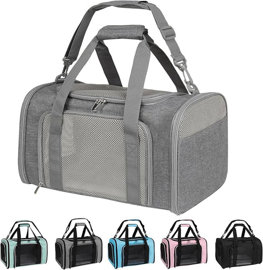 Cat Carrier, Soft-Sided Airline Approved Pet Carrier Case with 4 Ventilated Windows for Cats and Dogs Under 10-25Lbs (17.0 L x 11.0 W x 11.0 H Inch, Grey)
