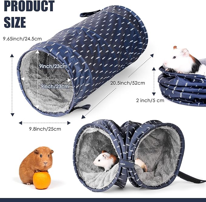 Rabbit Tunnel - Guinea Pig Tunnel, Guinea Pig Tube, 2-Way Small Pet Play Tube, Folds Flat for Storage, Ideal for Adult Small Pets, Dark Blue, Leaf Pattern