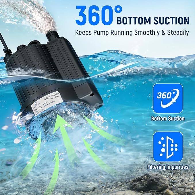 D-HONOR Sump Pump, Submersible Water Pump 1/3 HP 1600 GPH with Float Switch | Automatic Utility Pump for Pool, Pond, Garden, Flooded Basement, Aquarium, and Irrigation, with 10 Ft Power Cord