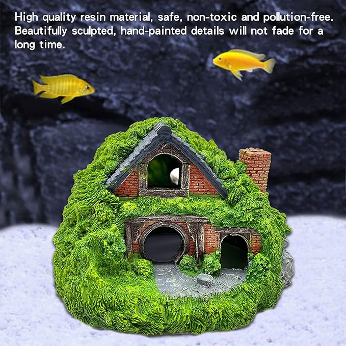 Tfwadmx Fish Tank Hobbit Decorations,Resin Small Fish Cave Hideout House,Aquarium Decor Hide Hole Shelter Hut Ornaments Mini Garden Decorating Accessories