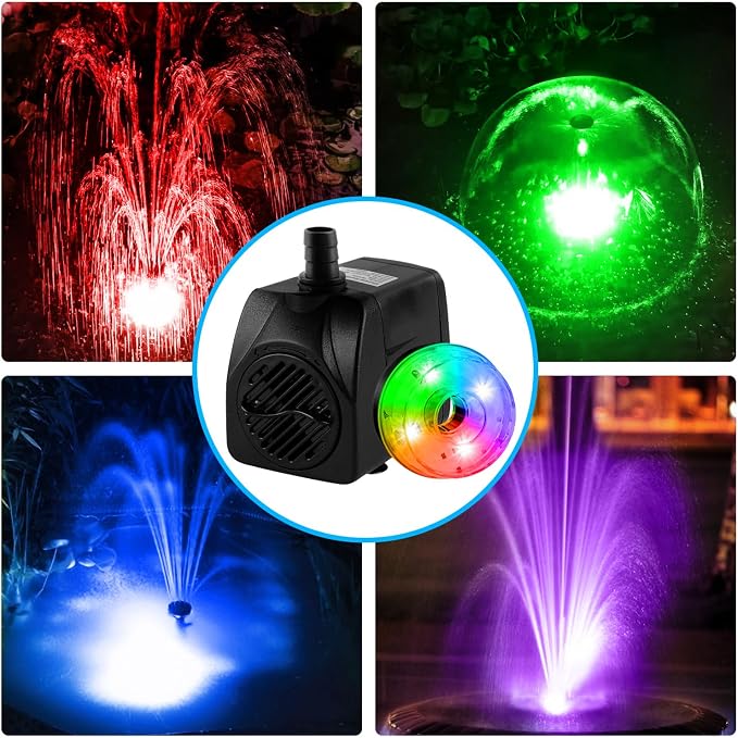 15W 800L/H Submersible Fountain Pump with LED Lights, Adjustable Quiet Water Pump, Pond Fountain Pumps for Water Feature, Garden, Aquarium Fish Tank, Indoor Outdoor Fountain with 3 Type Nozzles