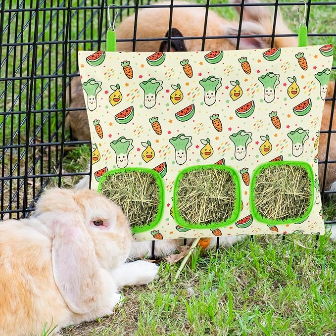 UPINS 2 Hay Bag for Rabbits 3-Hole Hanging Hay Feeder Guinea Pig Hay Bags, Hay Feeder for Rabbits Chinchillas Hamsters Small Pets and Animals