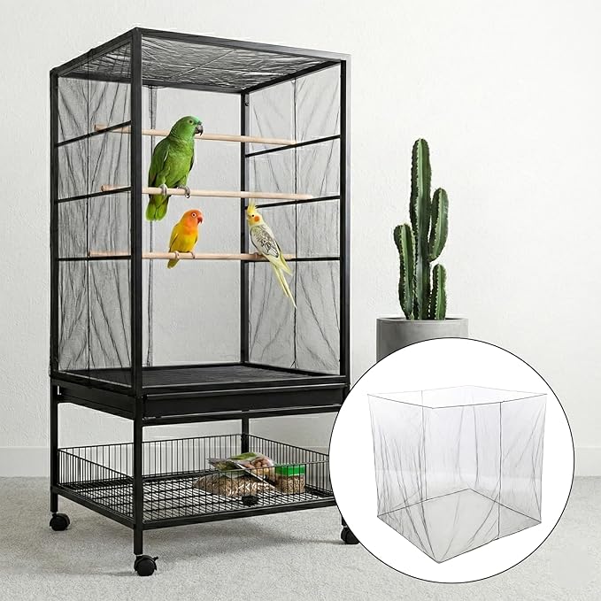 Trinkrittey Large Bird Cage Seed Cather, Black Bird Cage Cover Universal Nylon Birdcage Net Elastic Band Skirt Seed Guard for Parrot Parakeet Macaw(118 x 31.5in/300 x 80cm)