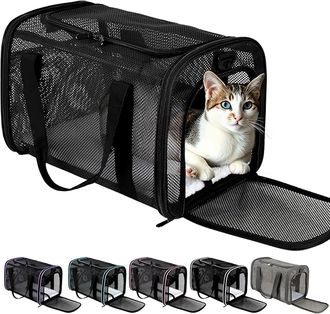 Dog Carrier Pet Carrier for Small Medium Cats Dogs Puppies up to 16 Lbs, TSA Airline Approved, Soft Sided, Collapsible Cat Bag Carrrier (Black, 17 * 11 * 11)