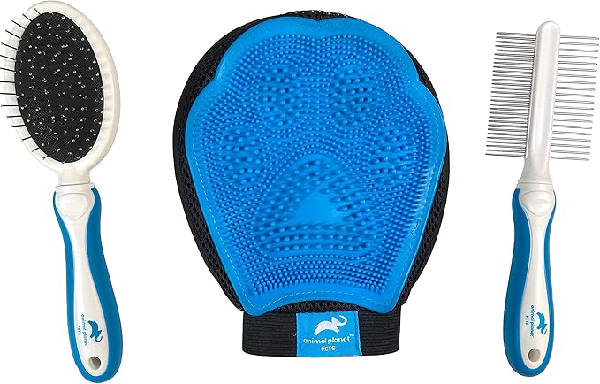 Animal Planet Pet Daily Grooming Kit (3 Pack) Reversible Grooming Glove, Double Sided Comb, Double Sided Brush. for Dogs & Cats, Good for All Breeds & All Types of Coats