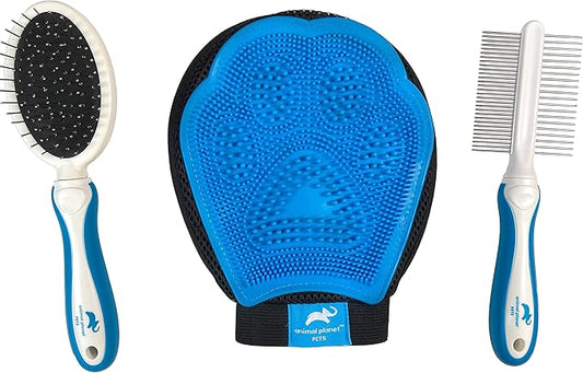 Animal Planet Pet Daily Grooming Kit (3 Pack) Reversible Grooming Glove, Double Sided Comb, Double Sided Brush. for Dogs & Cats, Good for All Breeds & All Types of Coats