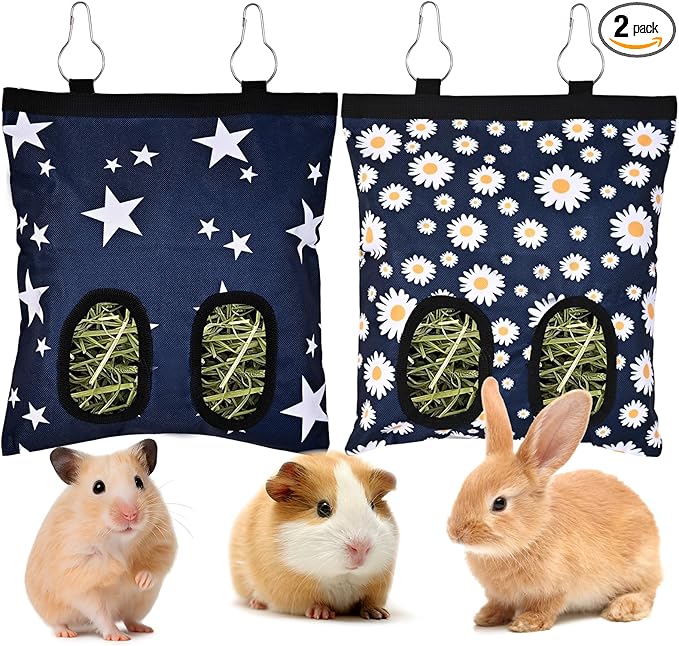 Upgraded Rabbits Hay Feeder Bag for Bunny, Guinea Pigs, Chinchillas - Hanging Washable 2-Hole Hay Dispenser with 600D Oxford Fabric, Small Animal Cage Accessories （Blue Star and Blue Daisy）