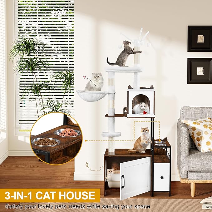 Snughome Cat Tree with Litter Box Enclosure, 3-in-1 Modern Cat Tower for Indoor Cats, 67.32’’ Hidden Cat Litter Box Furniture with Cat Condo, Food Station and Hammocks, All-in-one Cat Furniture