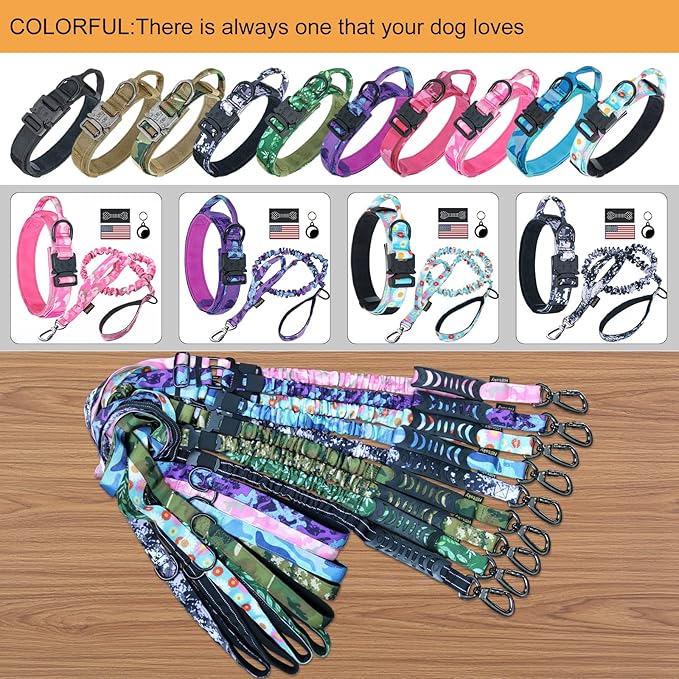 Hotsky Tactical Dog Collar, Adjustable Military Training Nylon Airtag Collar with Handle and Heavy Duty Metal Buckle for Medium Large Dogs, with Airtag Holder and Two Patches （Pink Camo,L）