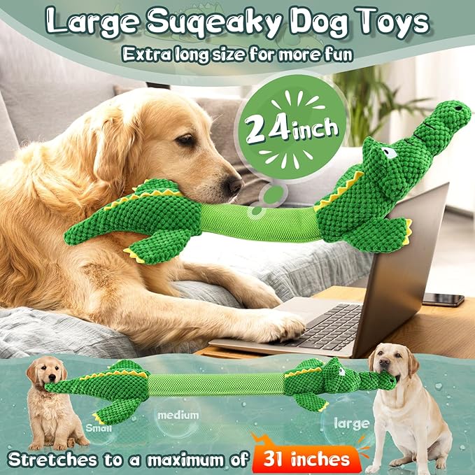 WOWBALA Interactive Squeaky Dog Chew Toy, Ideal Dog Toys for Small, Medium & Large Dogs, and Tug of War Lovers - Stuffed Plush Crocodile -Shaped Pet Toys