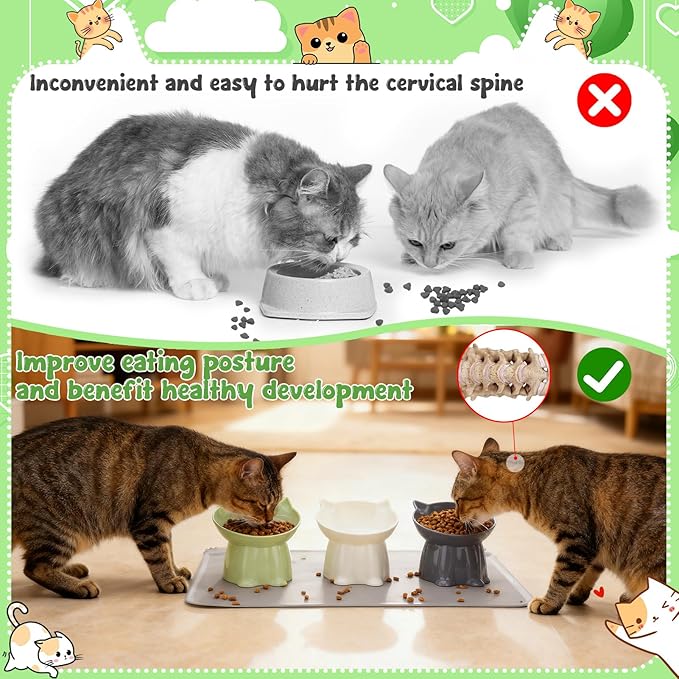 3 Pcs Elevated Cat Bowls 15°Raised Cat Food Bowl with Silicone Mat Whisker Friendly Anti Vomiting Cats Dishes Pet Food and Water Bowls for Indoor Cats Kittens Classic 3 Colors
