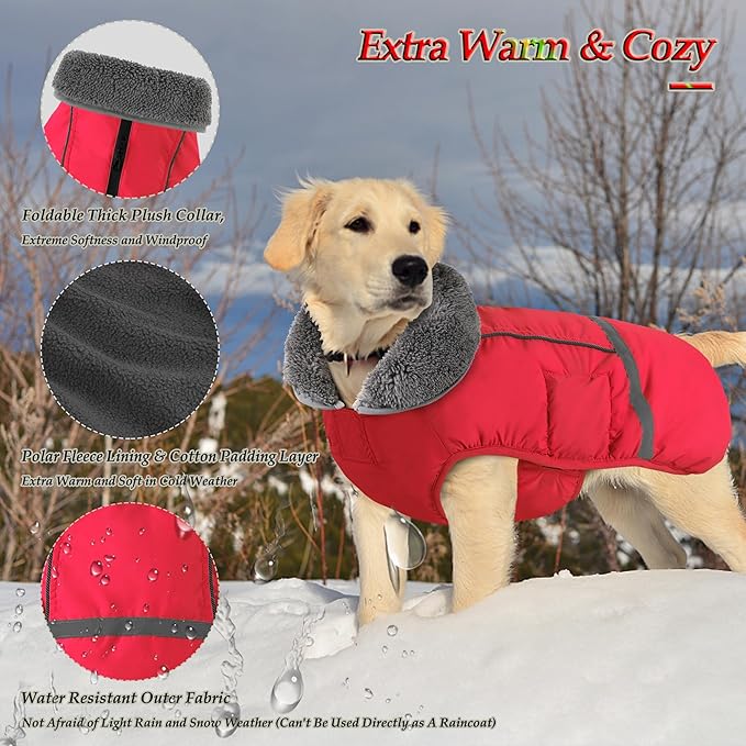 Dogcheer Warm Dog Coat, Christmas Dog Jacket Waterproof Puppy Winter Coat with Buckles, Reflective Adjustable Pet Snow Jacket Turtleneck Fleece Sweater for Small Medium Large Dogs - Red, M
