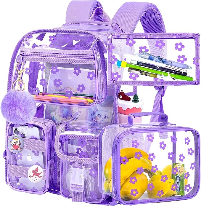 CCJPX 3Pcs Clear Backpack for Girls, School Transparent Bookbag, Heavy Duty See Through Backpacks for Teens Elementary