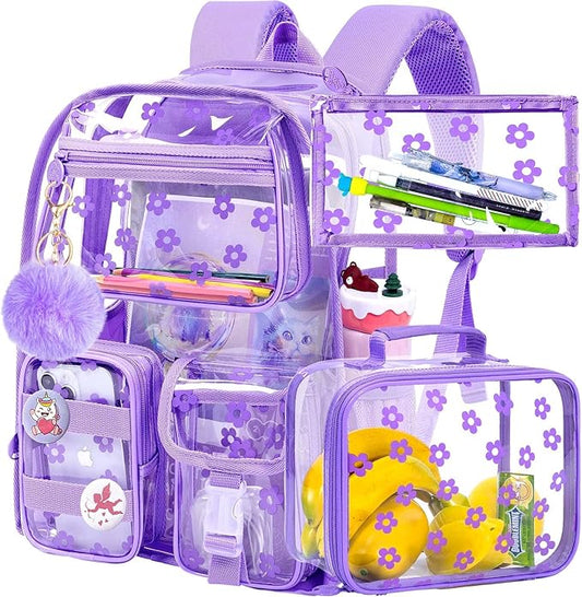 CCJPX 3Pcs Clear Backpack for Girls, School Transparent Bookbag, Heavy Duty See Through Backpacks for Teens Elementary