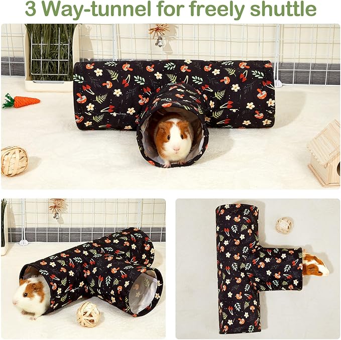 Bienbee Guinea Pig Tunnel, 3 Way Washable Guinea Pig Hideout,Foldable Rabbit Tunnel Guinea Pigs Toys for Bunny Hamster Chinchilla Ferret Rabbit Guinea Pigs Accessories Black Mushroom