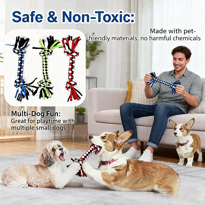 Dog Rope Toys for Small Dogs， Double Knot Ropes Puppy Chew Toys， Cotton Pet Toys for Natural Floss，Multicolored（3PCS）