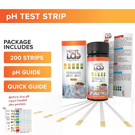 Med Lab 200 pH Test Strips 4.5–9.0 for Urine and Saliva Body pH Testing | Urinalysis Reagent Body Ph Test Strips for Acidity and Alkalinity. Alkaline Diet Food and Acid pH Testing