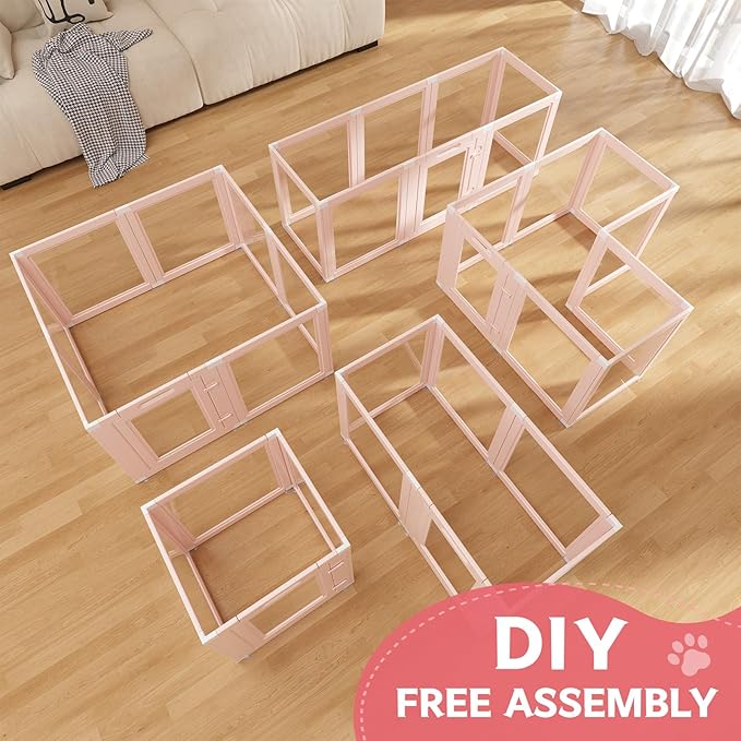 DIY Clear Acrylic Dog Playpen Indoor, Transparent Easy Cleansing Puppy Fence with Suction Cup, Easy-Assemble Indoor Whelping Crate for Small Puppies (23.6" H, 8PCS), Pink