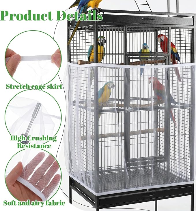 Bird Cage Netting Seed Catcher, White Adjustable Large Bird Cage Seed Catcher Stretchy Birds Cages Cover, Easy to Install, Fits Most Cages, Ideal for Parrots Enclosures