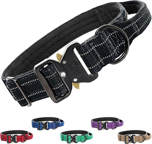 Tuff Pupper Tactical Dog Collar | Heavy Duty 1.5" Wide Ballistic Nylon | Training Control Handle | Quick-Release Metal Buckle | Reflective Bands | ID Tag Holder | Padded Inner Lining (Black, Large)