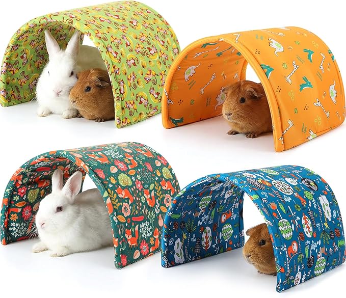 BreezeHug 4 Pcs Guinea Pig Tunnel Foldable Rabbit Hideout Washable and Soft Bunny Hide House Ferret Tunnel Toys Cage Accessories for Small Animal Hamster Hedgehogs Chinchilla(Forest Animals)