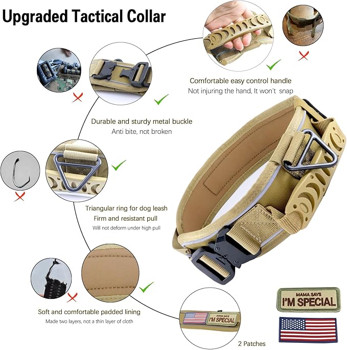 2.5" Tactical Dog Collar for Large Dogs, Adjustable Heavy Duty Military Nylon Dog Collar with Reflective Stitching & Padded Handle for Hiking/Running/Training (Khaki, L,XL)