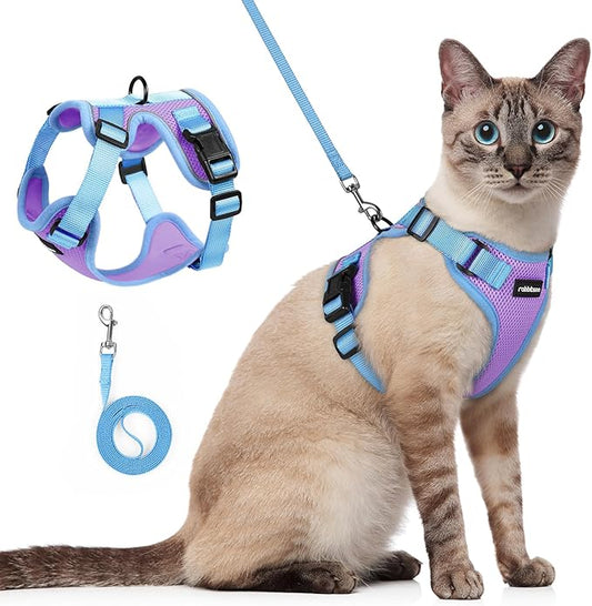 rabbitgoo Cat Harness and Leash Set, Escape Proof Soft Adjustable Vest Harnesses for Outdoor Walking, Easy Control Breathable Kitten Jacket with Reflective Strips, Purple & Blue, S