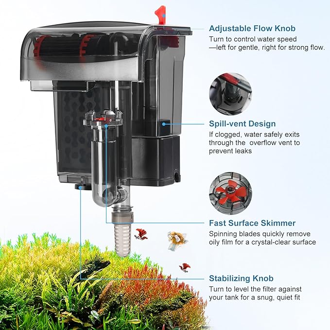 Small Fish Tank Filter, Hang On Back Aquarium Filter, Quiet Adjustable Flow Expandable Hose for 10-25 Gal, 3-Stage Filtration System with Surface Skimmer for Circulation and Aeration, 93GPH 5W