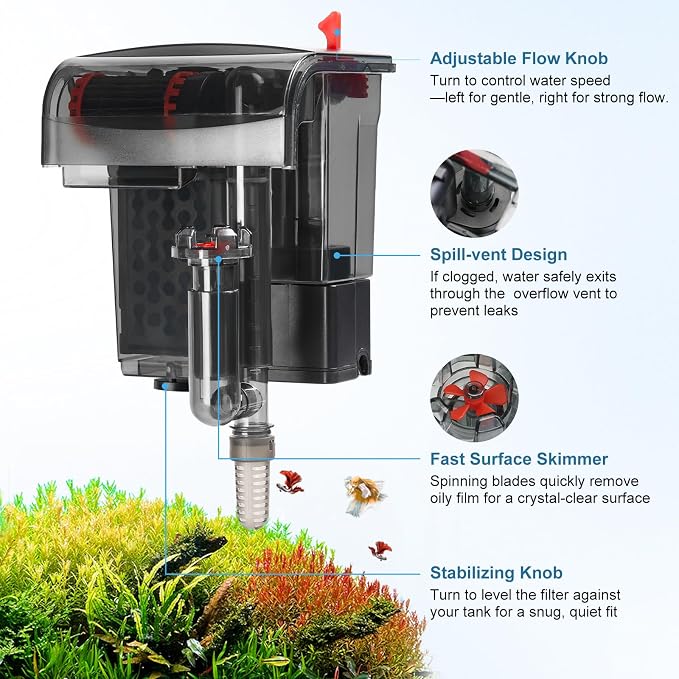 Fish Tank Filter Hang On Back Aquarium Filter for 10-25 Gal 93GPH 5W | with Surface Skimmer, Small Quiet 3-Stage Filtration System, Adjustable Flow Expandable Hose for Circulation and Aeration