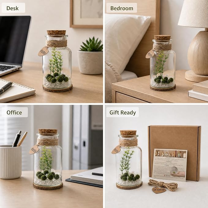 Moss Balls Glass Terrarium Kit - 7 Pcs Glass Terrarium Decor with White Crystal, DIY Aquarium and Home Decor for Desk and Room Styling