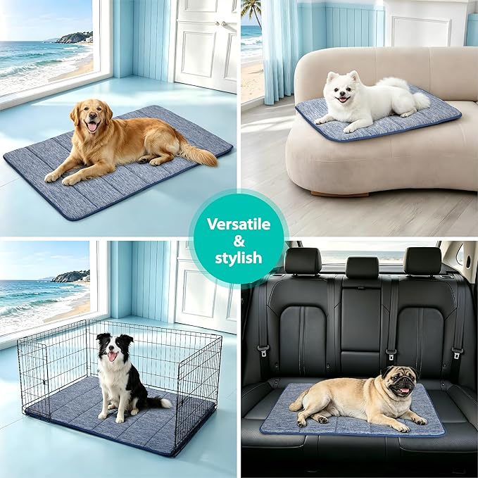 Cooling Dog Mat Q-Max>0.5 - Rapid Cooling Tech, Thin Breathable Crate Pad, Portable Washable Summer Mat, Chill Soothing Fabric - 24"x18" Small Dog/Cat, Wander Blue