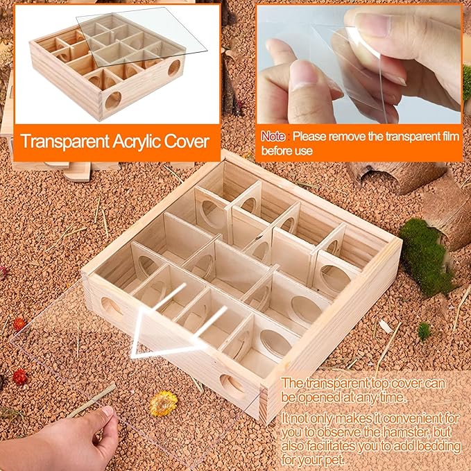 kathson Wooden Hamster Maze House with Transparent Cover,Multi-Chamber Syrian Hamster Hideout Hut,Gerbil Tunnel Exploring Toys Maze Hiding for Dwarf Hamsters,Mice,Small Animals