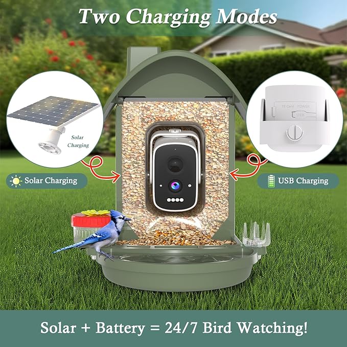 Bird Feeder with Camera, 3K Smart Bird Camera with AI Identification & Bird Bath, Solar Powered Wireless Outdoor Bird House with Spill-Proof Net, Ideal Backyard Watching Gift to Bird Lovers