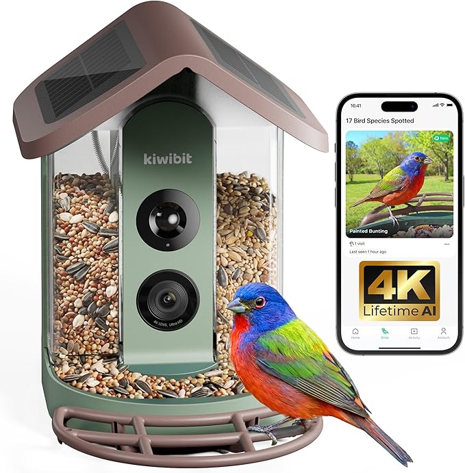 Kiwibit Solar Smart Bird Feeder with Camera No Subscription, AI Bird Species Identification, 4K HD Live Video & 8MP Photos, Wireless Outdoor Wild Bird Watching Gifts for Bird Lovers, Brown