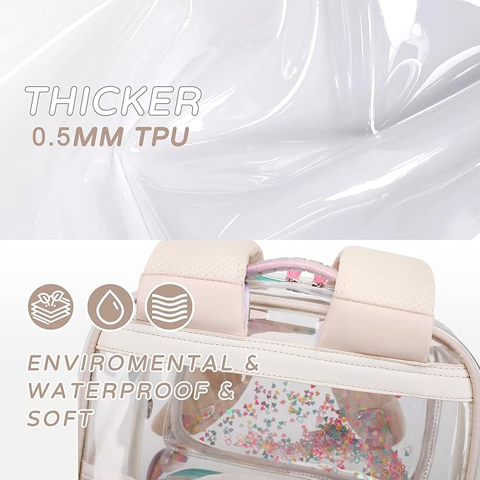 Clear Backpack for Girls,Clear Bookbag Heavy Duty Transparent Backpacks for Stadium Events, See Through Back Pack for Kindergarten Elementary Middle High School (Beige)