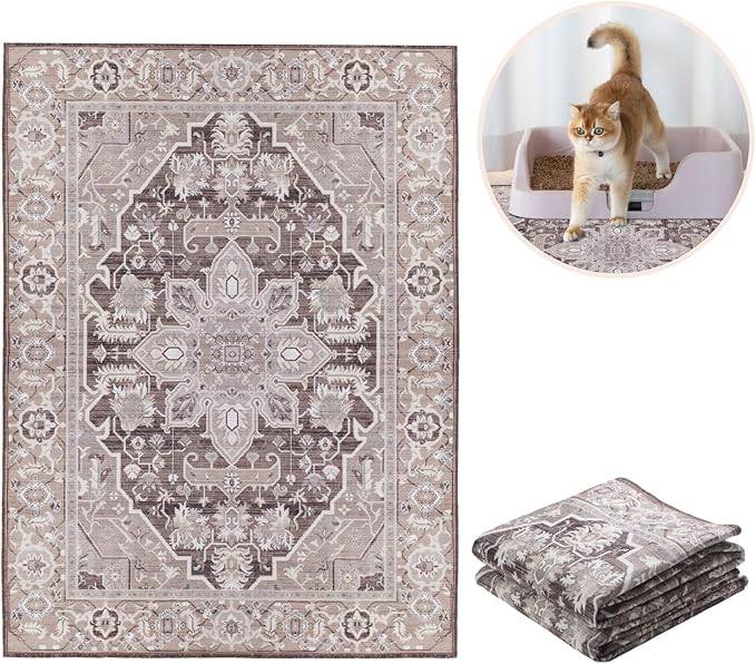 Lovewag Pets Cat Litter Mat 2 Pack - Large 36x48 Machine Washable Easy Clean Non-Slip Waterproof Mats for Cats - Caramel Creme