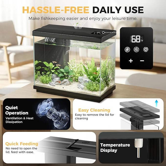 2.2 Gallon Small Fish Tank, Betta Fish Aquariums Black | with 4-in-1 Filter Pump, LED Light, Temperature Display, Fan & Surface Intake Design, for Home Office, Beginner Friendly