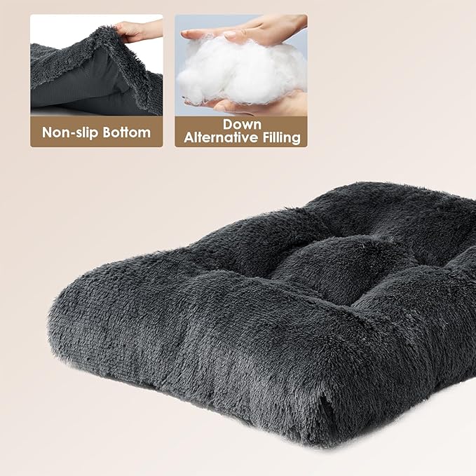 EHEYCIGA Fluffy Dog Crate Bed for Large Dogs, Plush Faux Fur Crate Pad, Calming Anti Anxiety Large Dog Bed, Washable Soft Warm Mat with Non-Slip Bottom, Dark Grey