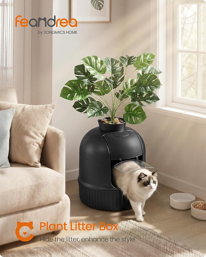 Feandrea Plant Cat Litter Box Enclosure with Artificial Plant, Enclosed Hidden Litter Box Furniture with Door, Carbon Filter, Odor Control, Pebbles, Scoop, Brush, Ink Black UPPT006B101