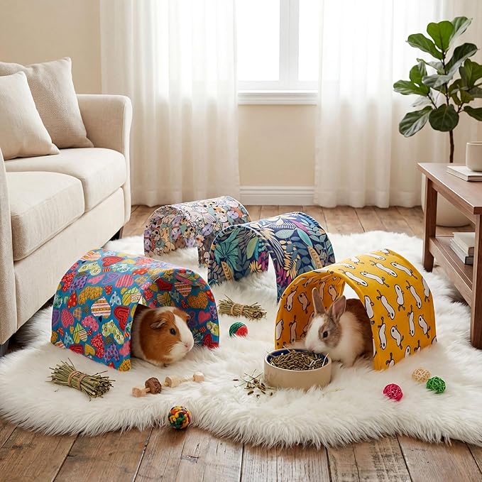 BreezeHug 4 Pcs Guinea Pig Tunnel Foldable Rabbit Hideout Washable and Soft Bunny Hide House Ferret Tunnel Toys Cage Accessories for Small Animal Hamster Hedgehogs Chinchilla(Vivid Mix)