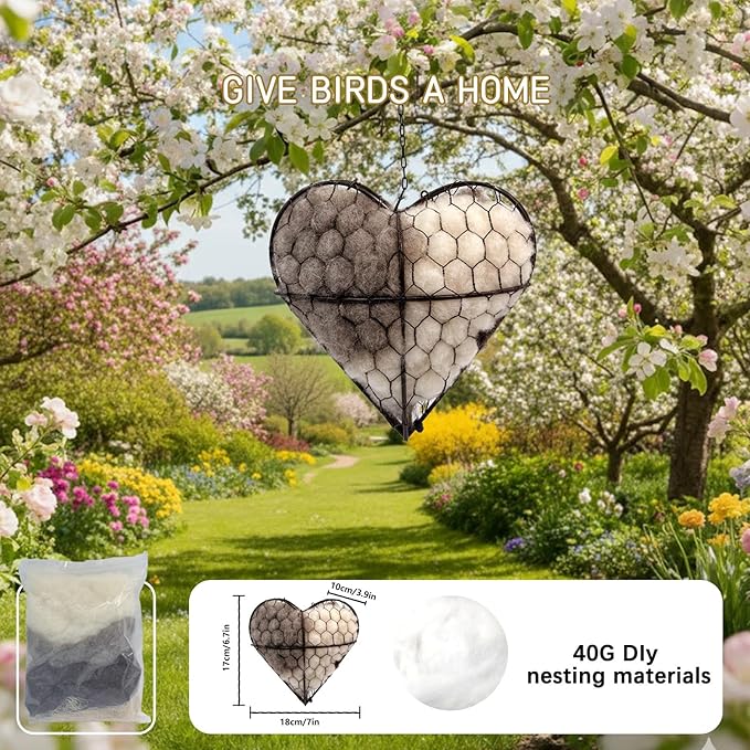 Bird Nesting Material, Hummingbird Nesters, Natural Alpaca Wool Material for Wild Birds, Design for Bird Lover Gifts, Refillable Outdoor Bird Nesting Station (Heart)