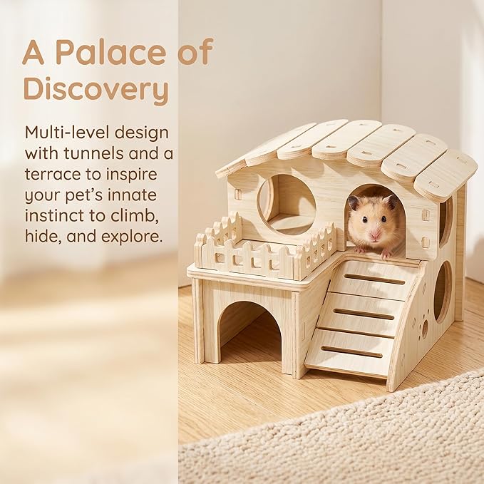 WRINGKIT Wood Hamster House, Tiny Maze Hamster Hideout, Fun Slide Gerbil House with Window, Detachable Double Decker Hut for Hamster Dwarf Mice Mouse Small Animals
