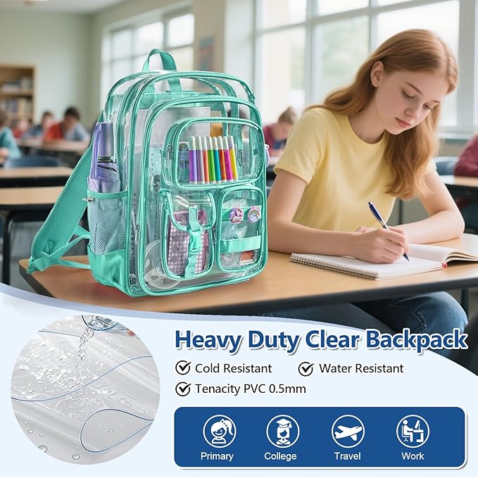 Clear Backpack, Heavy Duty PVC Transparent Backpack with Reinforced Bottom, See Through Multiple Pockets Large Capacity Bookbag for Work Security Travel Festival