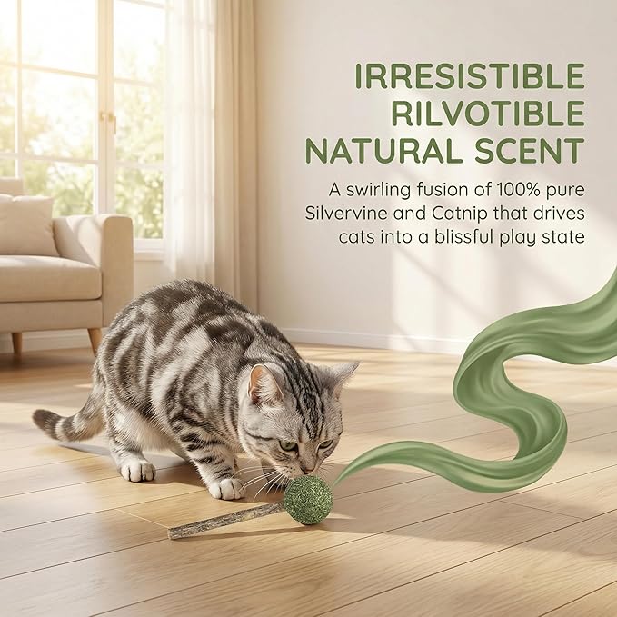 UBIETY Catnip & Silvervine Lollipops for Cats (6 Pack) - Natural Catnip Ball Toys with Silvervine Sticks, Interactive Cat Chew Toys for Indoor Cats, Play & Relaxation Treats