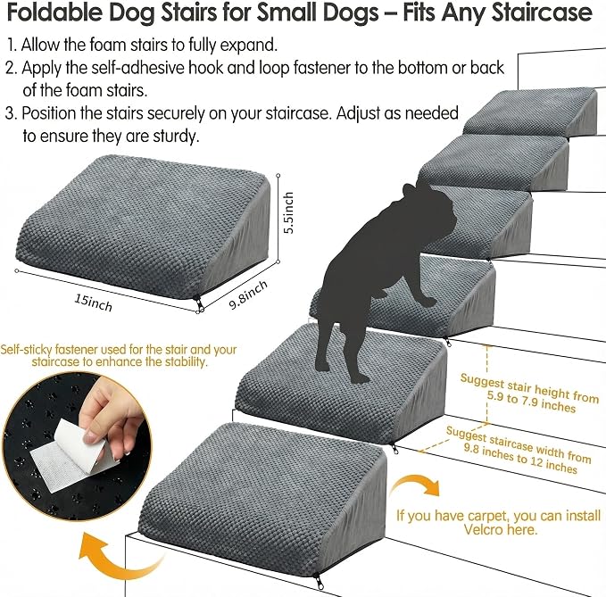 6-Pack Dog Ramp for Stairs, 40D High-Density Foam Pet Steps with Gentle 20°Slope for Staircase Stairs, Non-Slip Puppy Ramp for Small, Senior & Injured Dogs
